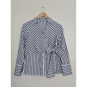Belle & Sky Wrap Top Womens Size XS Button Up Long Sleeve Striped Blue White
